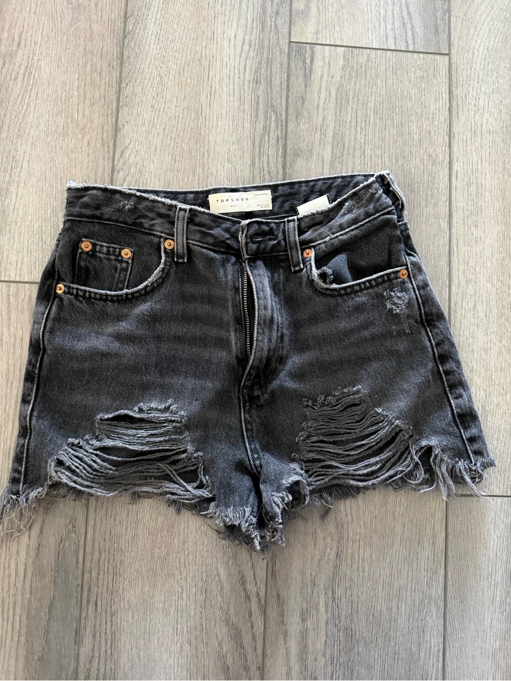 Topshop Black Washed Distressed Black Denim Mom Shorts